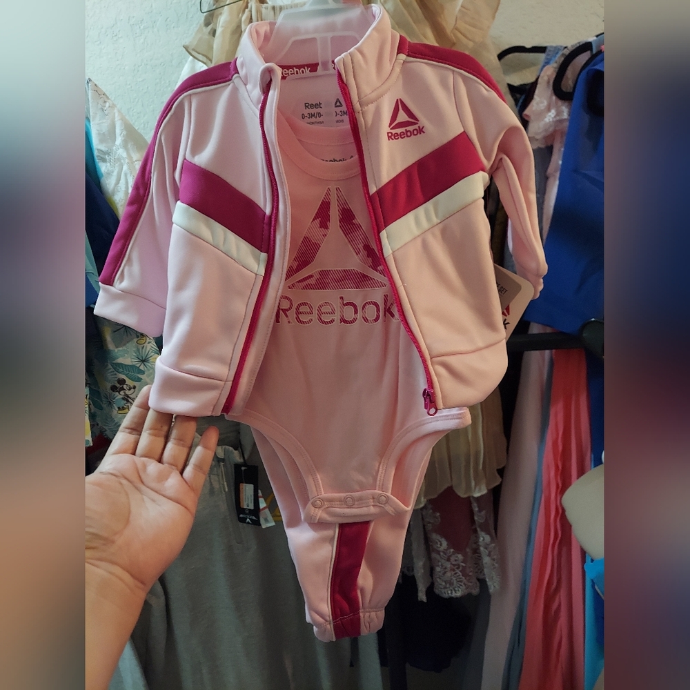 Reebok 3 pc set/ Jacket, onsie, and pants. Pink. Size 0-3 months